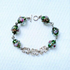 Hand Crafted Glass Beaded Bracelet with Silverplated Scrollwork 8 Inches